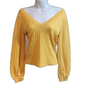 Shein V-neck V-Back Yellow Textured Crop Longsleeve Sweater Puff Sleeve, Medium